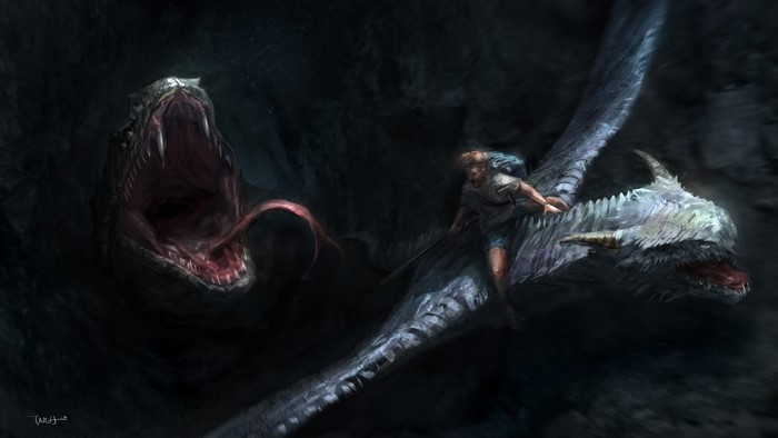 Man riding a dragon fighting a giant snake
