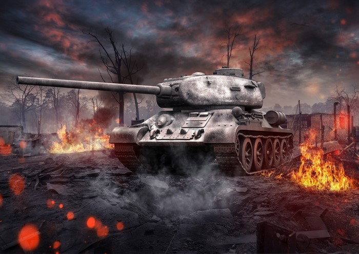 T-34-85 Tank in a War-Torn Landscape