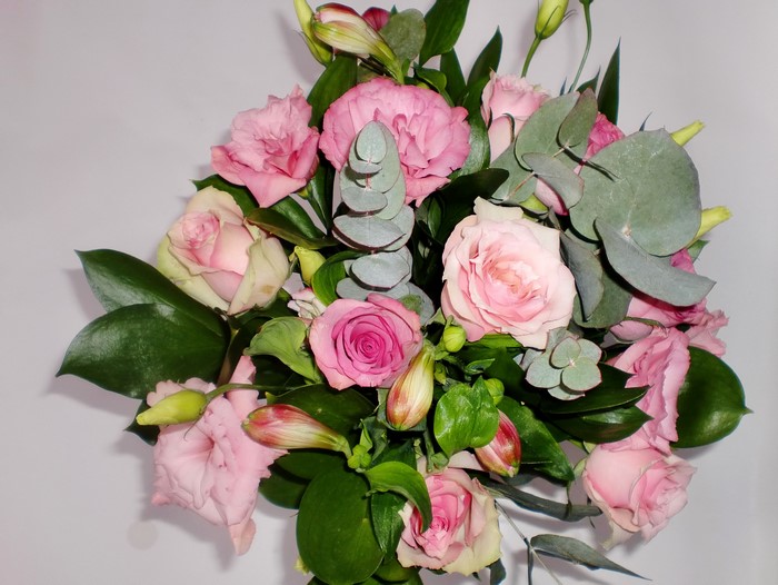 Pink Roses and Eustoma Bouquet with Eucalyptus