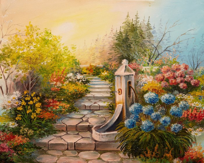 Painting of a garden with a stone path and fountain