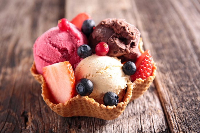 Ice cream with berries in a waffle bowl