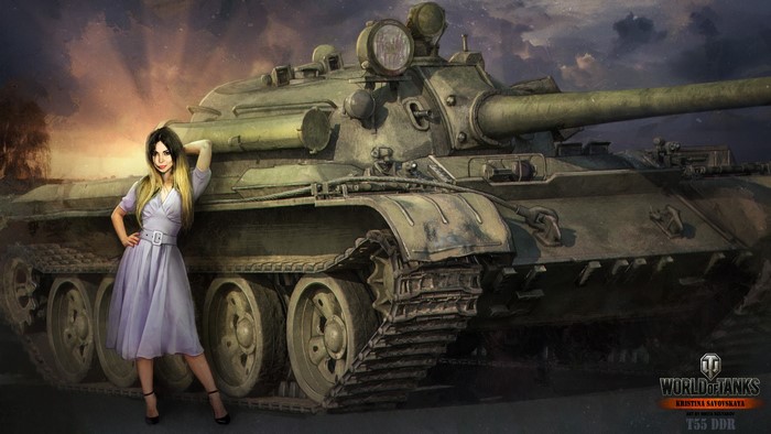 Kristina Satovskaia with T-55 DDR tank from World of Tanks