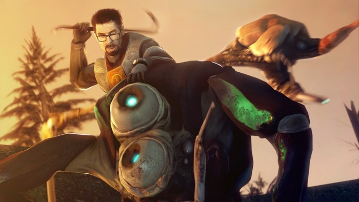 Gordon Freeman riding a Strider in Half-Life 2