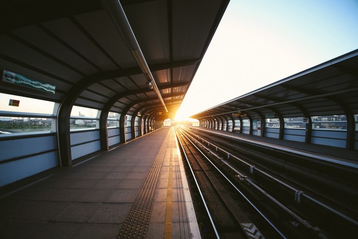 Train station platform at sunset