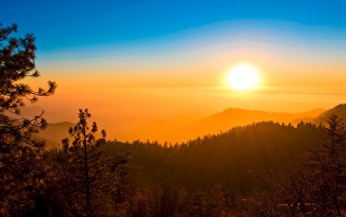 Sunset over forested mountains with pine trees