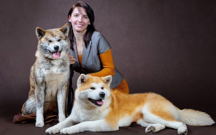 Woman with two Akita dogs