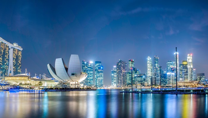 Singapore skyline with Marina Bay Sands and ArtScience Museum at night