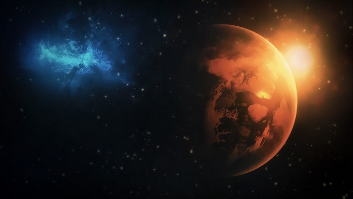 Planet Mars with Sun and Nebula in Space
