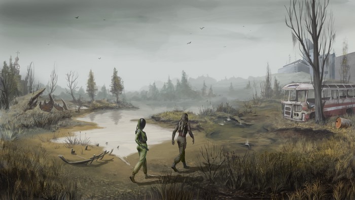 Two figures walk through a foggy swamp with a ruined bus.