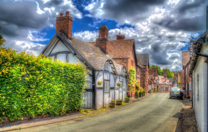 Tudor-style houses on a street in Little Budworth, England