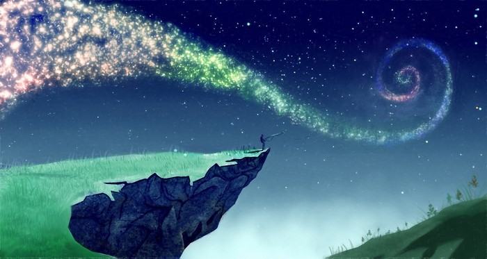 Person fishing on a cliff under a starry sky with a colorful nebula