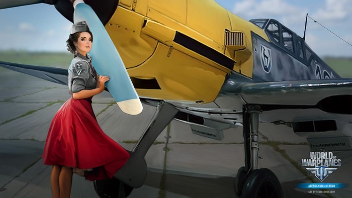 Woman in vintage pilot uniform posing with World of Warplanes aircraft