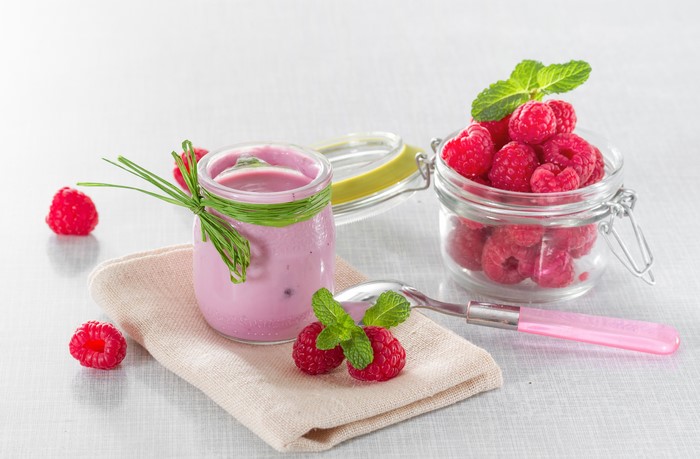 Raspberry Yogurt in a Jar with Fresh Raspberries