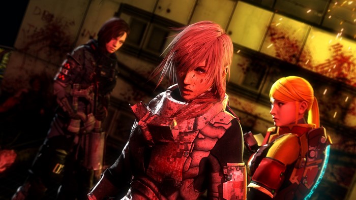 Lightning from Final Fantasy XIII, Samus Aran, and Jill Valentine in bloody suits