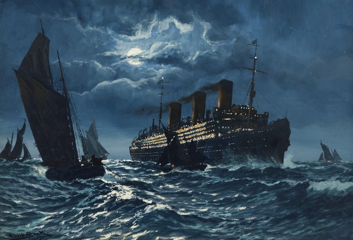 Ships at Sea under the Moon by Adolf Bock