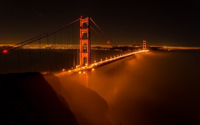 Golden Gate Bridge at Night with Fog