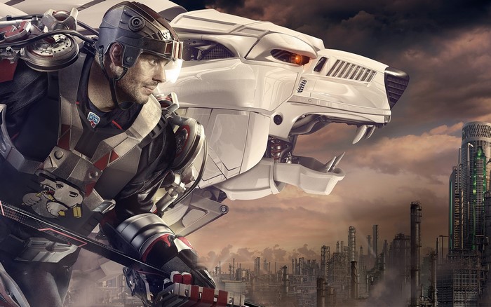 Man in futuristic hockey gear with robotic lion