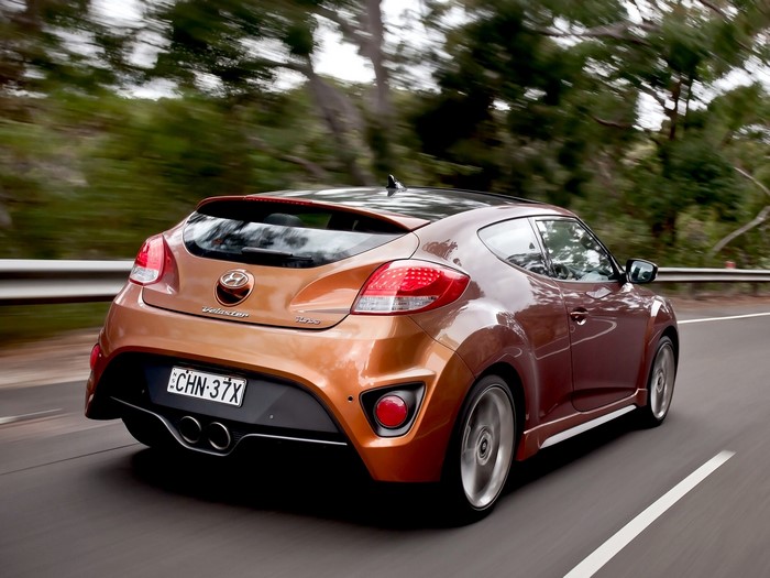 Hyundai Veloster Turbo rear view on a road