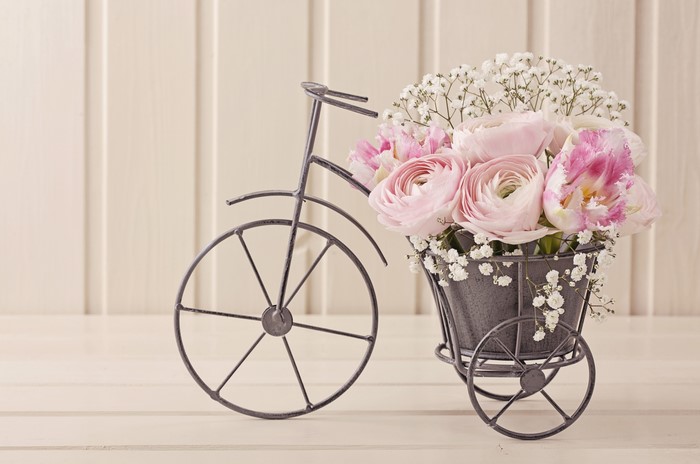 Pink Roses and Baby's Breath in a Bicycle Basket