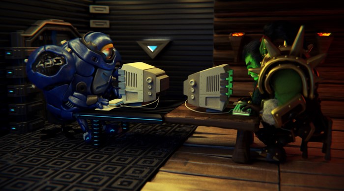 Tychus from StarCraft and Thrall from World of Warcraft at computers