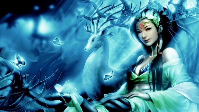 Asian woman with deer and butterflies