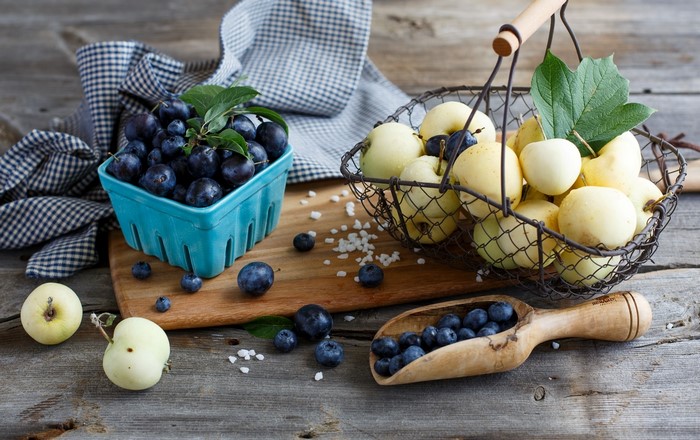 Plums, Blueberries, and Apples in a Still Life