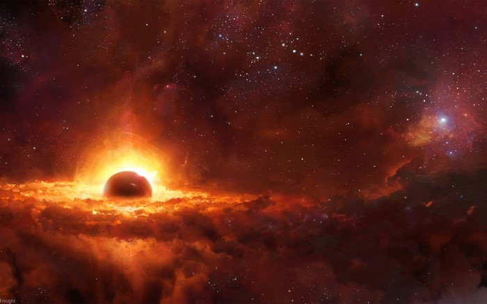 A planet eclipsing a bright star in a nebula