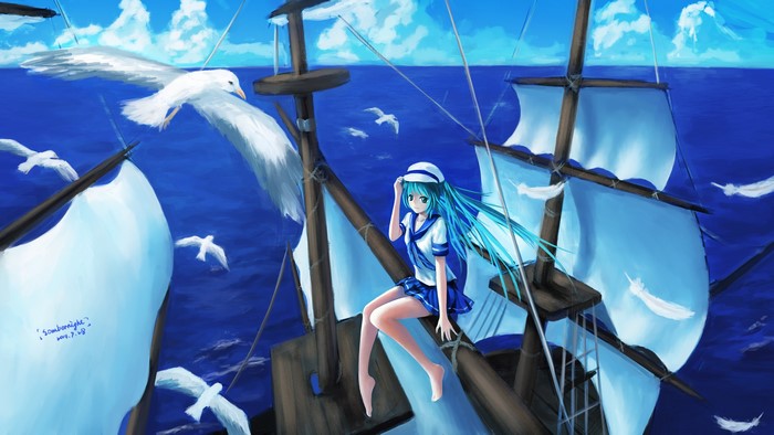 Hatsune Miku on a Sailing Ship with Seagulls