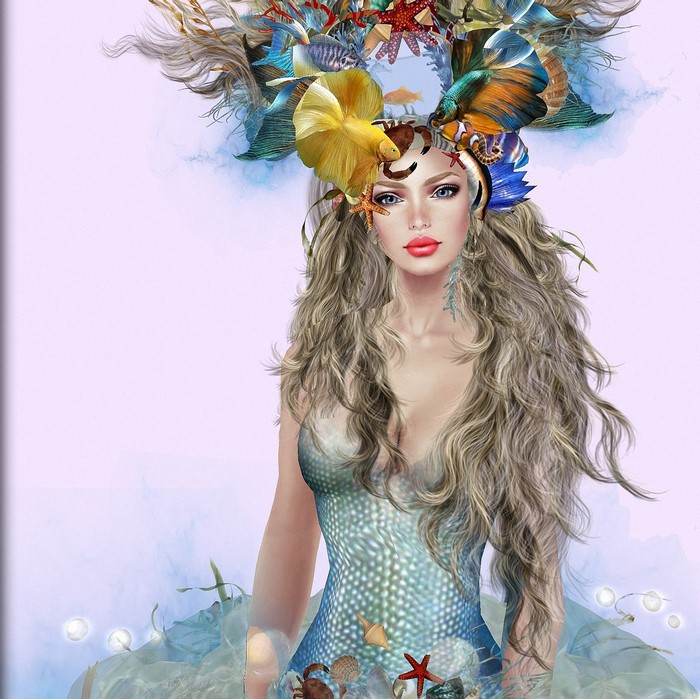 Mermaid with elaborate headdress and flowing dress