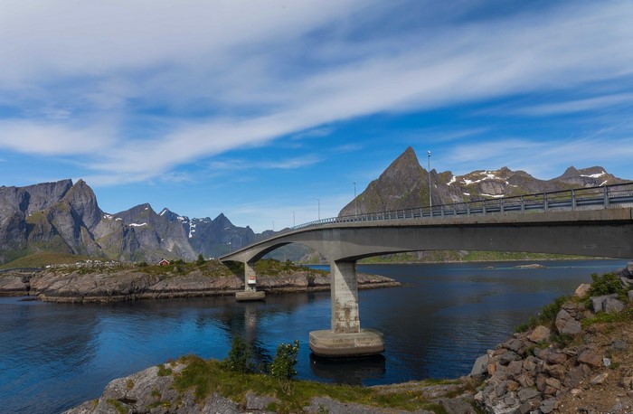 Bridge over water with mountains and blue sky