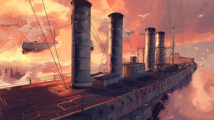 Steampunk airships and dirigibles in a cloudy sky