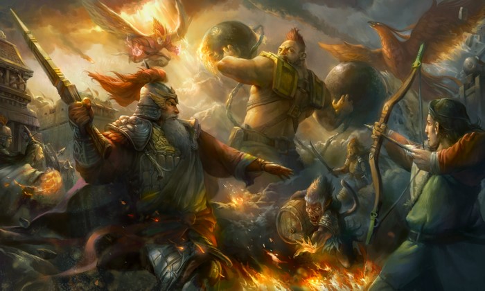 Warriors and magical animals in battle