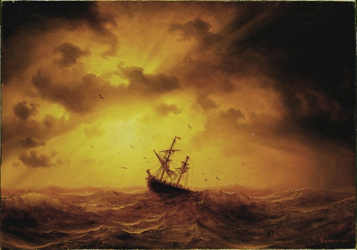 Ship sailing through stormy seas under dramatic sky