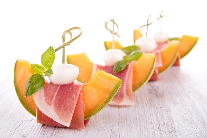 Melon and Ham Appetizers with Mozzarella and Basil