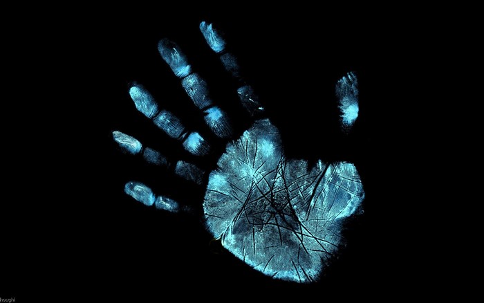 Blue fingerprint handprint on black background