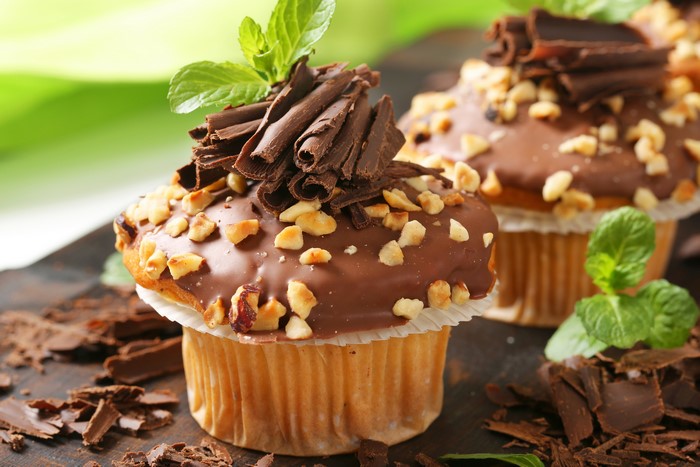 Chocolate cupcakes with nuts and mint
