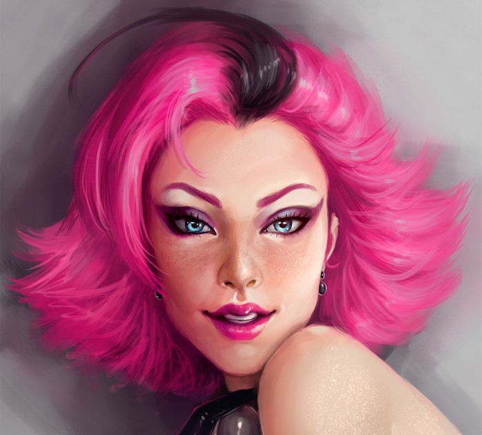 Woman with pink hair and blue eyes