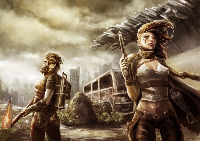 Two women with weapons in a post-apocalyptic city