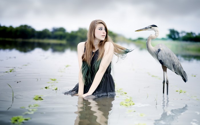 Girl and Heron in a Lake
