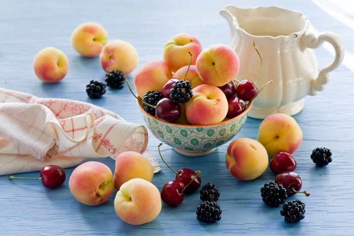 Peaches, Cherries, and Blackberries in a Bowl with a Jug