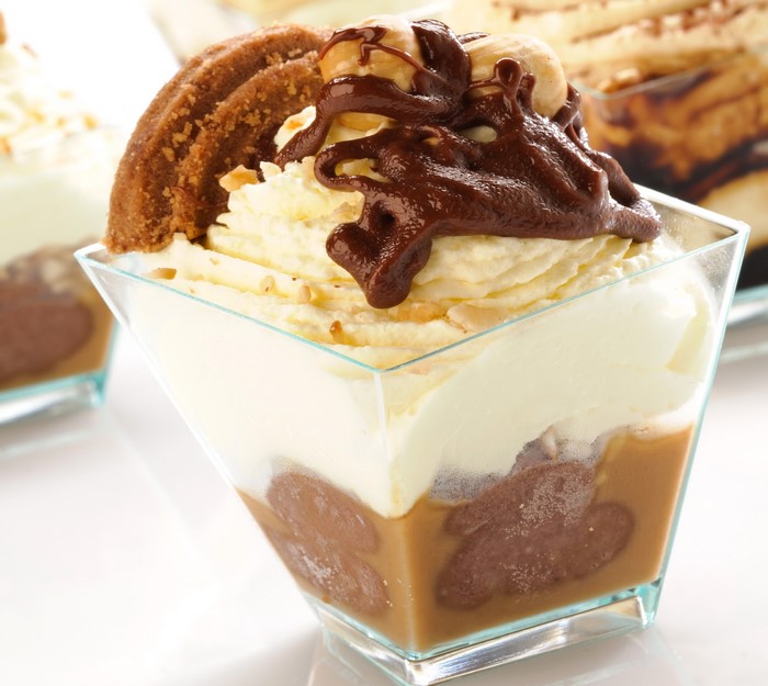 Dessert in a glass with ice cream and chocolate