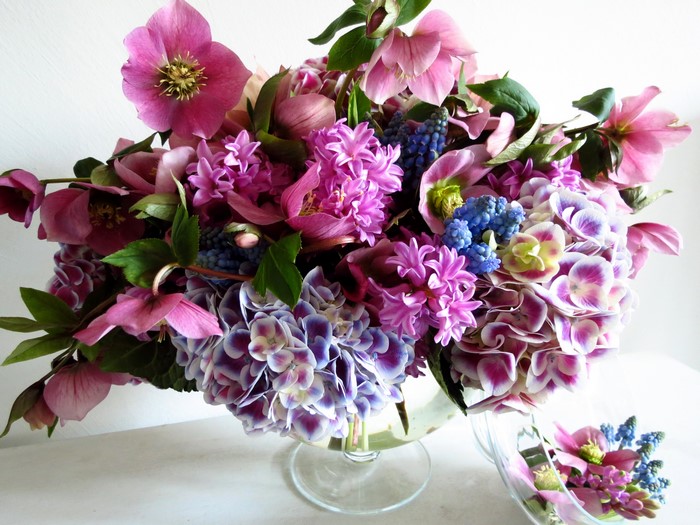 Pink Hellebores, Hyacinths, Muscari, and Hydrangeas in a Bouquet