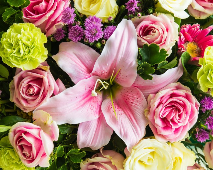 Roses, Carnations, and Lilies in a Bouquet