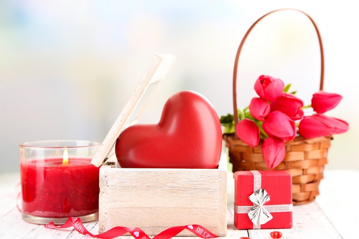 Valentine's Day Heart, Candle, Tulips, and Gifts