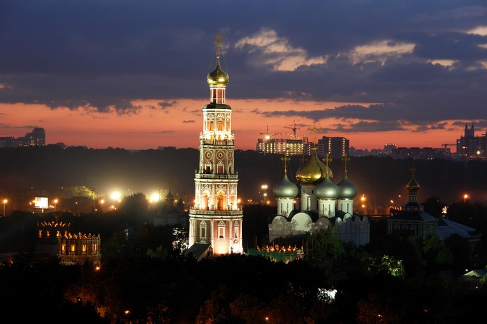 Novodevichy Convent at night in Moscow, Russia