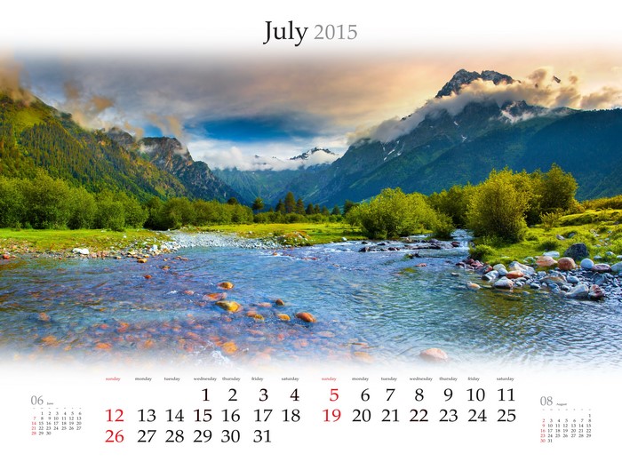 July 2015 Calendar with Mountain River Scenery