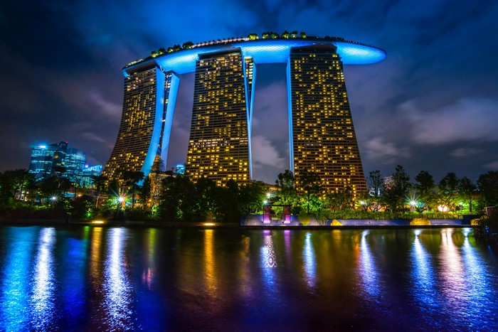 Marina Bay Sands Hotel at Night with River Reflections