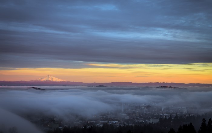 Mount Hood above Portland fog at sunrise