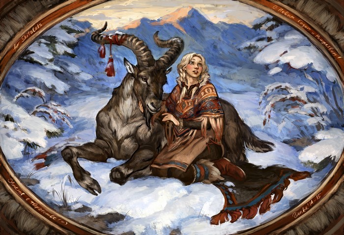 Girl with a goat in a snowy landscape