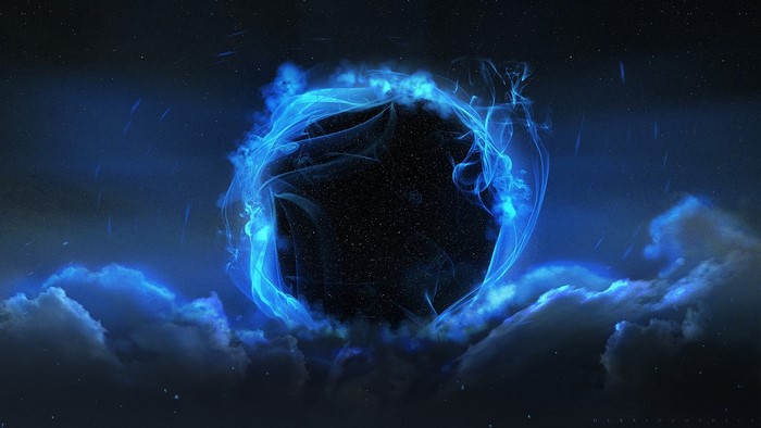 Black hole with blue energy and clouds in space